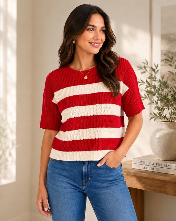 Market & Spruce Sweaters - Market & Spruce Marie Crewneck Short Sleeve Sweater, Red, XL